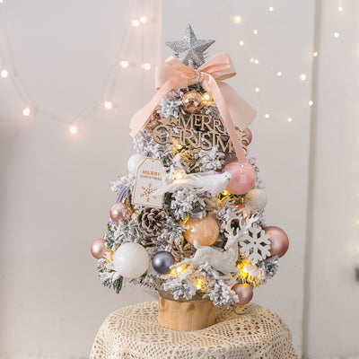 Illuminated Snow Blowing Christmas Tree Desktop Tree Small Set - Antique Decore