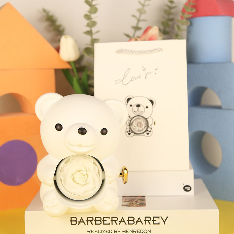 Eternal Rose Teddy Bear Gifts Box With Necklace Rotate Rose Jewelry Box Valentine Wedding Storage Gift Case For Women Girlfriend - Antique Decore