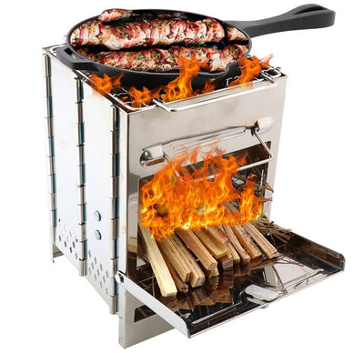 Mini Outdoor Firewood Stove Camping Cooking Picnic Grill Folding Stove Square Wood Steel Travel Charcoal - Antique Decore
