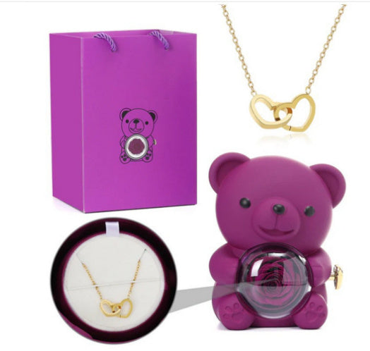 Eternal Rose Teddy Bear Gifts Box With Necklace Rotate Rose Jewelry Box Valentine Wedding Storage Gift Case For Women Girlfriend - Antique Decore