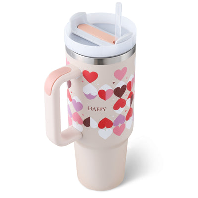 40 Oz Tumbler With Handle Straw Insulated, Stainless Steel Spill Proof Vacuum Coffee Cup Gifts For Valentine Lover
