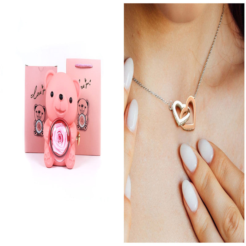 Eternal Rose Teddy Bear Gifts Box With Necklace Rotate Rose Jewelry Box Valentine Wedding Storage Gift Case For Women Girlfriend - Antique Decore