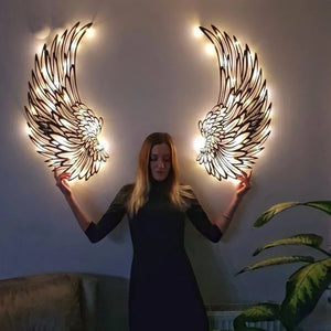 Carved Metal Wall Decor Art With Light Angel Wings Decoration - Antique Decore