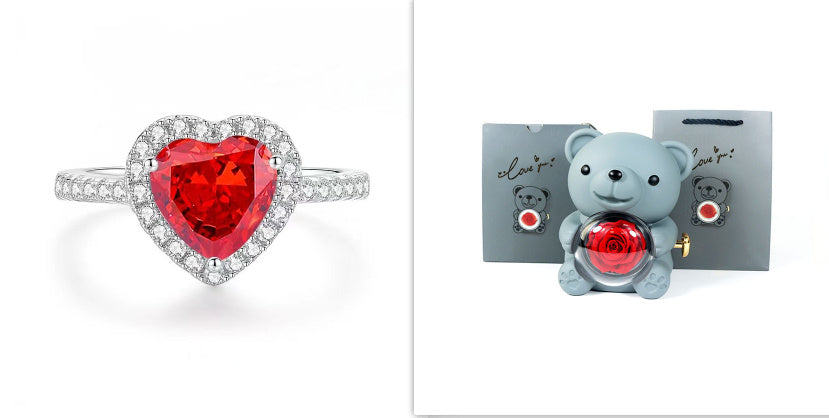 Eternal Rose Teddy Bear Gifts Box With Necklace Rotate Rose Jewelry Box Valentine Wedding Storage Gift Case For Women Girlfriend - Antique Decore