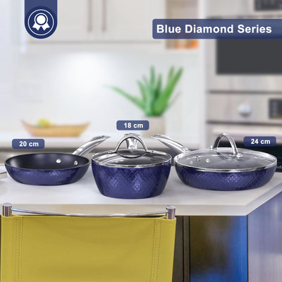 Frying Pan Sets Non Stick 3Pieces Blue 3D Diamond Cookware - Antique Decore