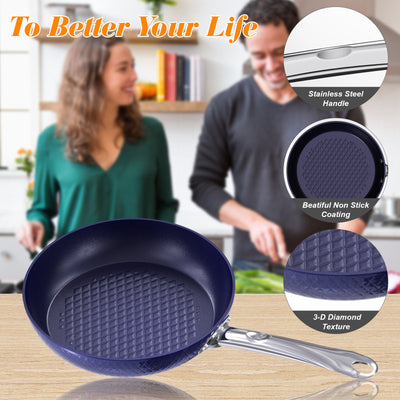 Frying Pan Sets Non Stick 3Pieces Blue 3D Diamond Cookware - Antique Decore