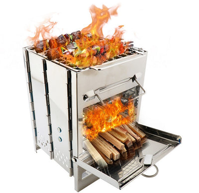 Mini Outdoor Firewood Stove Camping Cooking Picnic Grill Folding Stove Square Wood Steel Travel Charcoal - Antique Decore