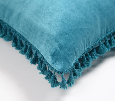 18" Blue Cotton Blend Throw Pillow Cover With Fringe-3