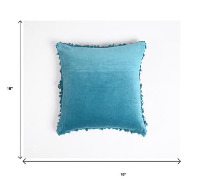 18" Blue Cotton Blend Throw Pillow Cover With Fringe-4