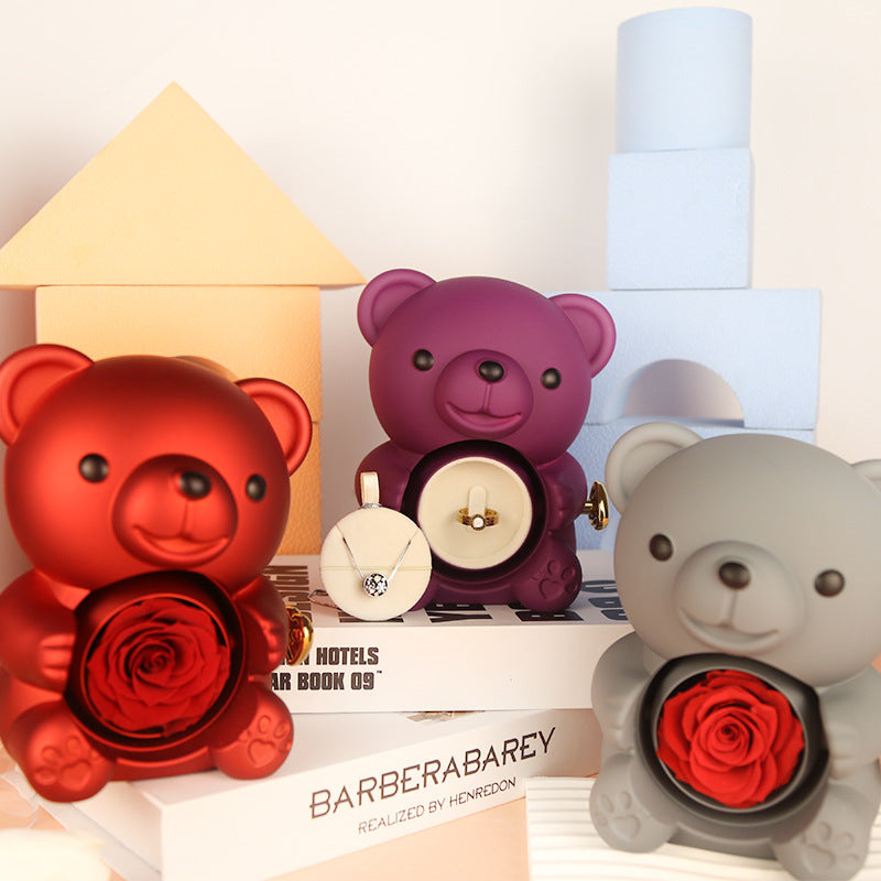 Eternal Rose Teddy Bear Gifts Box With Necklace Rotate Rose Jewelry Box Valentine Wedding Storage Gift Case For Women Girlfriend - Antique Decore