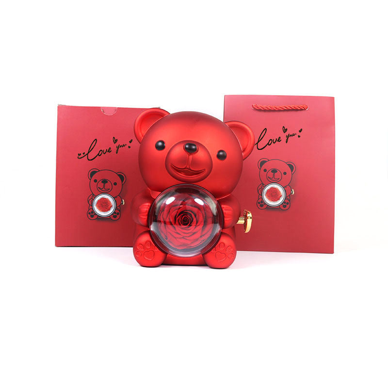 Eternal Rose Teddy Bear Gifts Box With Necklace Rotate Rose Jewelry Box Valentine Wedding Storage Gift Case For Women Girlfriend - Antique Decore