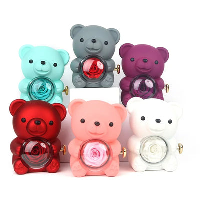 Eternal Rose Teddy Bear Gifts Box With Necklace Rotate Rose Jewelry Box Valentine Wedding Storage Gift Case For Women Girlfriend - Antique Decore