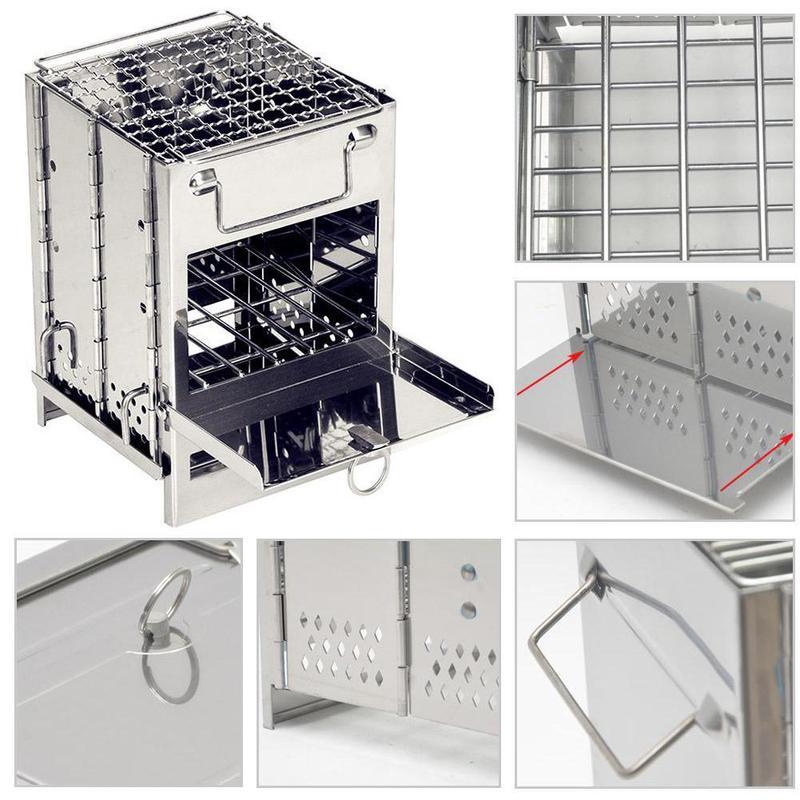 Mini Outdoor Firewood Stove Camping Cooking Picnic Grill Folding Stove Square Wood Steel Travel Charcoal - Antique Decore