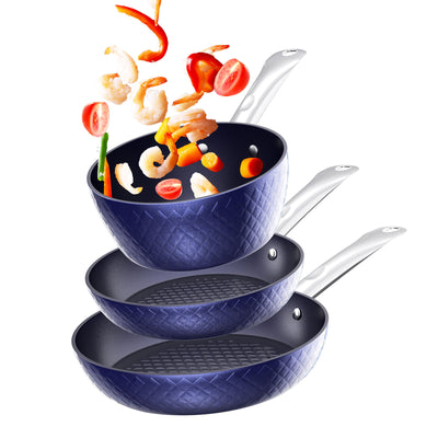 Frying Pan Sets Non Stick 3Pieces Blue 3D Diamond Cookware - Antique Decore