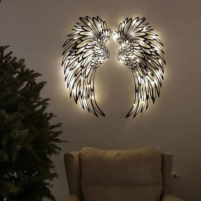 Carved Metal Wall Decor Art With Light Angel Wings Decoration - Antique Decore