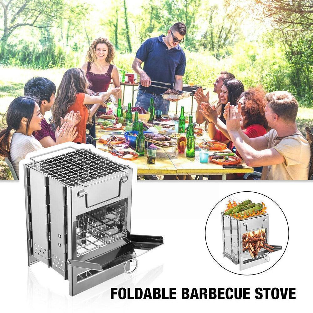 Mini Outdoor Firewood Stove Camping Cooking Picnic Grill Folding Stove Square Wood Steel Travel Charcoal - Antique Decore