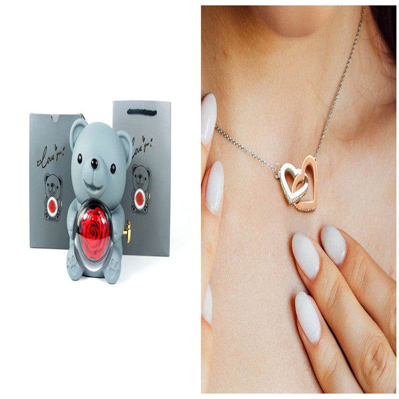 Eternal Rose Teddy Bear Gifts Box With Necklace Rotate Rose Jewelry Box Valentine Wedding Storage Gift Case For Women Girlfriend - Antique Decore