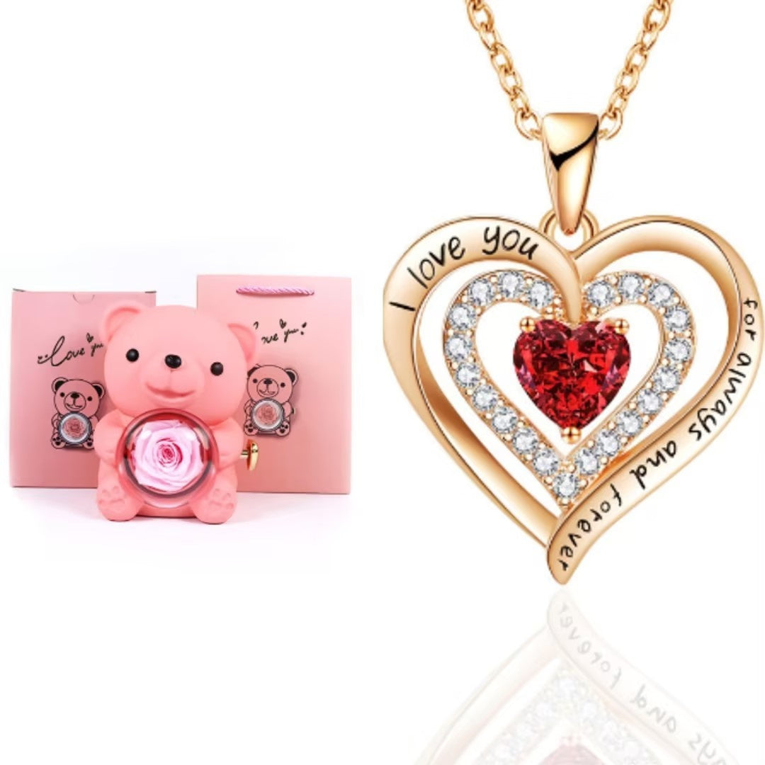 Eternal Rose Teddy Bear Gifts Box With Necklace Rotate Rose Jewelry Box Valentine Wedding Storage Gift Case For Women Girlfriend - Antique Decore