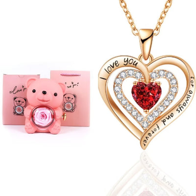 Eternal Rose Teddy Bear Gifts Box With Necklace Rotate Rose Jewelry Box Valentine Wedding Storage Gift Case For Women Girlfriend - Antique Decore