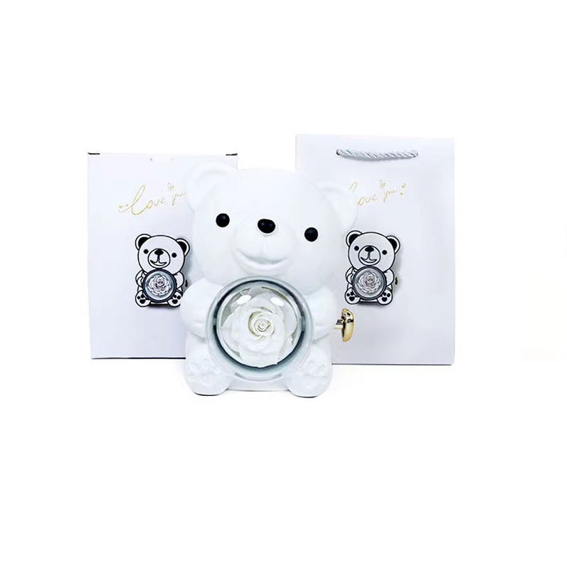 Eternal Rose Teddy Bear Gifts Box With Necklace Rotate Rose Jewelry Box Valentine Wedding Storage Gift Case For Women Girlfriend - Antique Decore