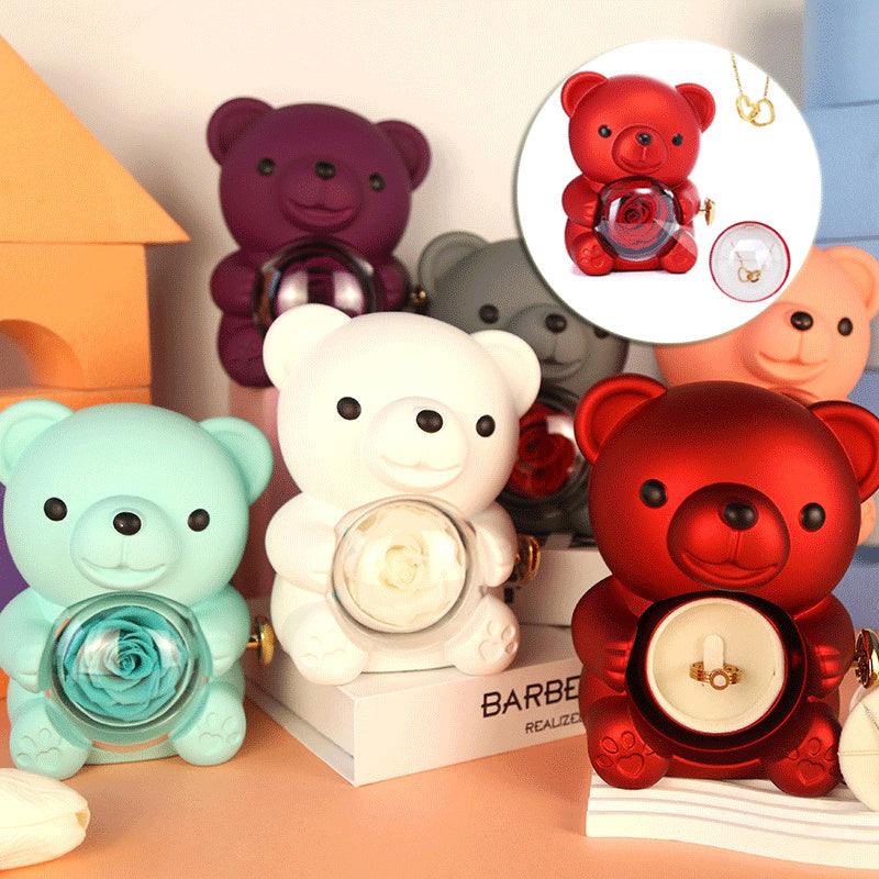 Eternal Rose Teddy Bear Gifts Box With Necklace Rotate Rose Jewelry Box Valentine Wedding Storage Gift Case For Women Girlfriend - Antique Decore