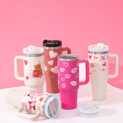 40 Oz Tumbler With Handle Straw Insulated, Stainless Steel Spill Proof Vacuum Coffee Cup Gifts For Valentine Lover