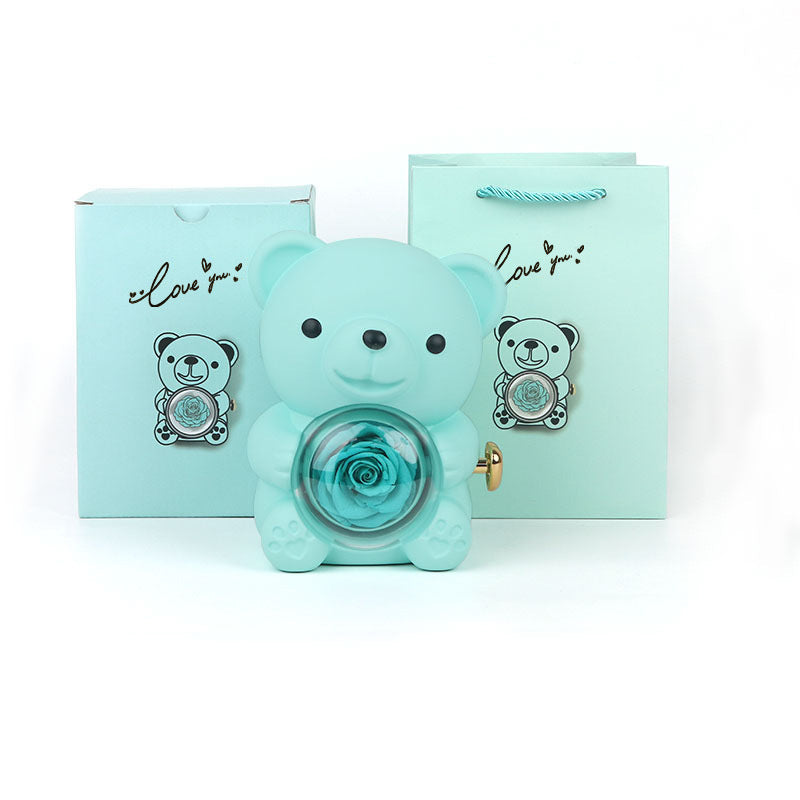 Eternal Rose Teddy Bear Gifts Box With Necklace Rotate Rose Jewelry Box Valentine Wedding Storage Gift Case For Women Girlfriend - Antique Decore